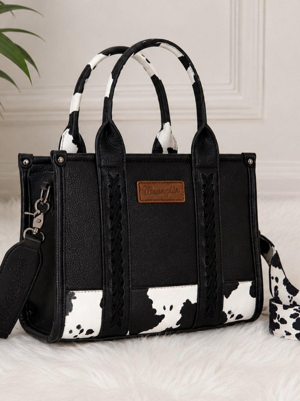 🤍 Wrangler Black Cow Print Braided Tote Bag with Crossbody Strap | NWT - Picture 1 of 2